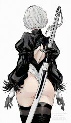 1girl 2b_(nier:automata) aqua_background ass back_cutout clothing_cutout commentary from_behind highres katana leotard nier:automata nier_(series) nishiii26miii short_hair skindentation solo sword symbol-only_commentary thighhighs watermark weapon white_background white_hair