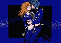 Rule 34 | 2girls, black background, blue border, blue hair, blue nails, border, braid, braided bangs, brown hair, closed eyes, commentary request, couple, cropped jacket, dancing, earrings, floating hair, hanasato minori, highres, holding hands, jewelry, kani (kaniya), kiritani haruka, lead to shine more (project sekai), long hair, midriff, multiple girls, nail polish, necklace, open mouth, outside border, project sekai, short hair, teeth, upper teeth only, yuri