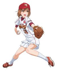 1girl ball baseball baseball_(object) baseball_cap baseball_glove brown_eyes brown_hair commentary_request female_focus hagiwara_yukiho hat highres idolmaster idolmaster_(classic) jersey nigou nippon_professional_baseball open_mouth pitching short_hair skirt solo sweat touhoku_rakuten_golden_eagles