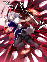 13-gou 1girl absurdres apron ass between_fingers blue_bow blue_dress blue_eyes boots bow braid clock clock_tower dress frills grey_hair hair_bow high_heel_boots high_heels highres holding holding_knife izayoi_sakuya knife knives_between_fingers maid maid_headdress ofuda pantyhose pocket_watch short_hair short_sleeves smile solo sound_effects thighs touhou tower twin_braids waist_apron watch