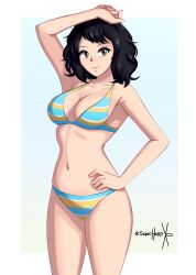 1girl absurdres bikini black_hair border breasts brown_eyes commentary english_commentary highres kawakami_sadayo looking_at_viewer mature_female medium_breasts navel no_shirt official_alternate_costume persona persona_5 short_hair signature smile solo sonicheroxd swimsuit