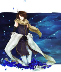 1boy ahoge animal animal_around_neck black_gloves blue_flower brown_hair closed_mouth commentary_request copyright_name cowboy_shot detached_sleeves elbow_gloves expressionless flower fox gloves looking_at_viewer male_focus pants petals professor_(ragnarok_online) purple_shirt ragnarok_online red_eyes shirt short_hair sleeveless sleeveless_shirt solo wane_(ruki) white_pants white_sleeves