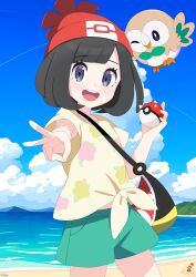 1girl :d absurdres bag baozi_9527 beanie cloud commentary_request creatures_(company) day eyelashes game_freak gen_7_pokemon green_shorts grey_eyes hat highres holding holding_poke_ball nintendo open_mouth outdoors poke_ball poke_ball_(basic) pokemon pokemon_(creature) pokemon_sm print_shirt red_hat rowlet sand sandygast selene_(pokemon) shirt shore shorts shoulder_bag sky smile t-shirt teeth tied_shirt upper_teeth_only v water yellow_shirt