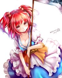 1girl blue_dress breasts brown_sash chikuwa_savy cleavage closed_mouth commentary_request dress hair_bobbles hair_ornament holding holding_scythe large_breasts medium_hair obi onozuka_komachi puffy_short_sleeves puffy_sleeves red_eyes red_hair sash scythe short_sleeves smile solo touhou twitter_username two_side_up white_background