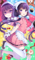 apron blend_s blood cake cherry chocho_(homelessfox) dino_(blend_s) english_text food fruit gloves headscarf low_twintails multiple_views nosebleed pink_shirt pink_skirt purple_eyes sakuranomiya_maika shaded_face shirt short_sleeves skirt stile_uniform twintails waist_apron waitress white_gloves white_headscarf white_legwear