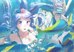 2girls animal_ears bare_shoulders barefoot black_one-piece_swimsuit breasts cleavage collarbone dated ear_flower fish goggles gold_ship_(run_revolt_launcher)_(umamusume) gold_ship_(umamusume) horse_ears horse_girl jewelry long_hair mejiro_mcqueen_(ripple_fairlady)_(umamusume) mejiro_mcqueen_(umamusume) multiple_girls necklace official_alternate_costume one-piece_swimsuit purple_eyes purple_hair snorkel swept_bangs swimsuit takuzui twitter_username umamusume underwater yellowtail_fusilier