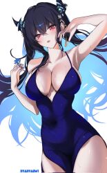 1boy 1girl animal_ears animal_nose asymmetrical_horns black_hair blue_dress blue_fur blue_hair breasts colored_inner_hair crystal_horns demon_horns dress flower furry furry_male gloves green_eyes hair_ornament hedgehog_boy highres hololive hololive_english horn_flower horns large_breasts long_hair looking_at_viewer mole mole_under_eye multicolored_hair nerissa_ravencroft nyanyaqwi open_mouth red_eyes red_shoes shoes short_tail simple_background sleeveless sleeveless_dress smile solo solo_focus sonic_(series) sonic_the_hedgehog sonic_the_hedgehog_(classic) standing tail two-tone_hair uneven_horns very_long_hair virtual_youtuber white_background white_gloves