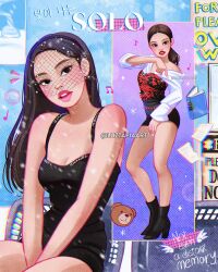 Rule 34 | 1girl, artist name, black boots, black dress, black hair, boots, dress, english text, high heel boots, high heels, highres, jennie (blackpink), long hair, looking at viewer, luztapiaart, multiple views, real life, sleeveless, sleeveless dress, veil, watermark