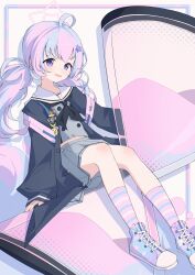 1girl absurdres anleewind blue_archive blue_hair commentary grey_skirt highres hourglass kneehighs low_twintails multicolored_hair pink_hair purple_eyes reisa_(blue_archive) sitting skirt smile socks solo striped_clothes striped_socks twintails two-tone_hair