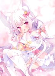 Rule 34 | 1girl, :3, animal ear fluff, animal ears, blush, commission, detached sleeves, fox ears, fox girl, fox tail, hair ornament, highres, long hair, open mouth, original, own hands together, pink eyes, pink hair, pink sleeves, piyodera mucha, ribbon, sitting, skeb commission, skirt, smile, solo, tail, thighhighs, thighs, twintails, white skirt, white thighhighs