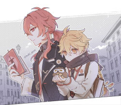 2boys aether_(genshin_impact) alternate_costume animal backpack bag black_coat black_necktie black_scarf blonde_hair book border braid braided_ponytail building coat commentary_request diluc_(genshin_impact) genshin_impact hands_up holding holding_animal holding_book ituki_gnsn male_focus multiple_boys necktie open_book outdoors outline ponytail red_eyes red_hair scarf shirt spoken_zzz sweater twitter_username upper_body white_shirt white_sweater yellow_eyes zzz