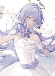 1girl alternate_costume ballerina bare_shoulders bird bird_on_hand collar dress earrings eight-pointed_star face_jewel gloves gold_halo green_eyes hand_on_own_chest head_wings highres honkai:_star_rail honkai_(series) jewelry long_hair looking_at_viewer pearl_earrings purple_collar robin_(honkai:_star_rail) smile strapless strapless_dress sumi_(suumiko_) tutu unfinished upper_body white_background white_gloves white_wings wings