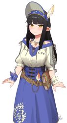 1girl alternate_costume artist_name belt belt_buckle black_hair blue_skirt blush brown_belt buckle closed_mouth commentary_request highres long_hair looking_at_viewer minoto mocha_mh monster_hunter_(series) monster_hunter_rise pointy_ears shirt simple_background skirt smile solo white_background white_shirt yellow_eyes