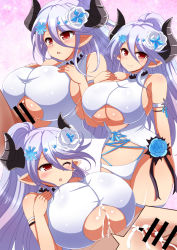 1girl afuro bar_censor breasts censored cum draph granblue_fantasy hair_between_eyes horns izmir izmir_(summer)_(granblue_fantasy) large_breasts paizuri paizuri_under_clothes penis pointy_ears purple_hair red_eyes