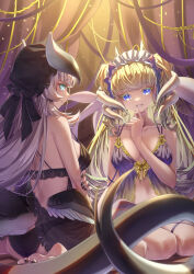 2girls ass babydoll bare_shoulders black_panties blonde_hair blue_eyes breasts chamber_dragonmaid collarbone commentary_request dragon_girl dragon_horns dragon_tail duel_monster grey_hair highres horns lattice_dragonmaid long_hair medium_breasts multiple_girls panties seiza shun_no_shun sitting tail underwear very_long_hair yu-gi-oh!