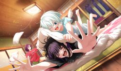 3girls ;d barefoot black_hair black_shirt blue_eyes blurry cinderella_series clenched_teeth closed_mouth depth_of_field dutch_angle film_grain from_below fusuma futon game_cg green_hair green_shirt green_shorts hachigatsu_no_cinderella_nine highres holding holding_pillow indoors light_particles looking_at_another lying mashiro_rei_(hachigatsu_no_cinderella_nine) messy_hair multicolored_hair multiple_girls nara_kurumi non-web_source official_art on_stomach one_eye_closed oowada_sachi open_mouth outstretched_arms pillow purple_hair red_shirt shirt short_hair short_sleeves shorts sliding_doors smile sweat tatami teeth throwing unworn_clothes upper_teeth_only wavy_mouth wooden_ceiling