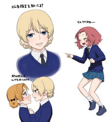 Rule 34 | adapted costume, bare legs, black necktie, black ribbon, blonde hair, blue eyes, blue shoes, blue sweater, braid, closed eyes, collared shirt, darjeeling (girls und panzer), girls und panzer, hair ribbon, necktie, orange hair, orange pekoe (girls und panzer), pantyhose, pink hair, pointing, ribbon, rosehip (girls und panzer), school uniform, shirt, shoes, short hair, sneakers, socks, st. gloriana&#039;s school uniform, sweater, translation request, unworn pantyhose, wata do chinkuru, white shirt, white socks, yuri