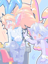 2girls @_@ alternate_costume animal_ears ass ass_focus back backless_leotard backless_outfit bare_back bare_shoulders black_bow black_bowtie black_pantyhose blue_background blue_collar blue_leotard blue_skin blush bow bowtie breasts collar colored_skin detached_collar dot_nose ear_piercing embarrassed eyebrows fake_animal_ears fake_tail fang feet_out_of_frame female_focus fishnet_pantyhose fishnets foot_out_of_frame foot_up from_behind from_side grey_hair hand_on_own_thigh huge_ass kayo!!_(gotoran) league_of_legends leaning_forward leotard long_hair long_pointy_ears looking_at_viewer looking_back looking_to_the_side medium_breasts motion_lines multiple_girls nervous nervous_smile open_mouth pantyhose piercing playboy_bunny pointy_ears poppy_(league_of_legends) profile purple_eyes purple_skin rabbit_ears scared short_hair shortstack simple_background slapping smile smug standing standing_on_one_leg strapless strapless_leotard tail tristana_(league_of_legends) twintails two-tone_background white_collar wrist_cuffs yellow_background yellow_eyes yellow_leotard yordle yuri