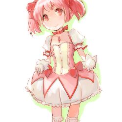 Rule 34 | 1girl, bow, cowboy shot, gloves, hair bow, hair ribbon, kaname madoka, kaname madoka (magical girl), kashivva, looking at viewer, magical girl, mahou shoujo madoka magica, pink eyes, pink hair, ribbon, short twintails, skirt, smile, solo, twintails, white background