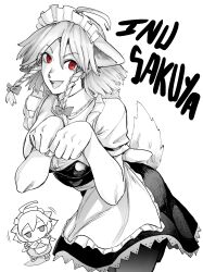 1girl absurdres ahoge animal_ears apron axel_hi black_skirt bow braid cowboy_shot dog_ears dog_girl dog_tail english_text fumo_(doll) grey_hair greyscale hair_bow highres izayoi_sakuya limited_palette maid maid_apron maid_headdress medium_hair monochrome motion_lines open_mouth partially_colored paw_pose puffy_short_sleeves puffy_sleeves red_eyes short_sleeves skirt smile solo tail touhou twin_braids white_background