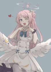 1girl :d alternate_hairstyle bang_dream! bang_dream!_it&#039;s_mygo!!!!! black_scrunchie blue_archive blue_bow blue_bowtie blue_eyes blue_halo blue_ribbon bow bowtie buttons capelet chihaya_anon commentary_request corrupted_twitter_file cosplay cowboy_shot crescent crescent_ornament dazhong_(dazhong02312) dress dress_ribbon earrings fang feathered_wings four-finger_heart_hands gradient_halo grey_background hair_bun hair_ornament hair_scrunchie halo hands_up heart heart_hands highres jewelry leaning_to_the_side long_hair looking_at_viewer low_wings mika_(blue_archive) mika_(blue_archive)_(cosplay) moon_(ornament) multicolored_halo one_eye_closed open_mouth pantyhose pink_hair pink_halo print_dress ribbon scrunchie simple_background sketch smile solo sparkle star_ornament swept_bangs two-tone_halo very_long_hair white_capelet white_dress white_pantyhose white_scrunchie wing_ornament wings wrist_scrunchie