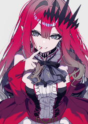 Rule 34 | 1girl, ascot, baobhan sith (fate), baobhan sith (first ascension) (fate), bare shoulders, breasts, center frills, closed mouth, detached collar, detached sleeves, dress, earrings, fang, fate/grand order, fate (series), frills, grey eyes, highres, jewelry, large breasts, long hair, looking at viewer, neko daruma, pink hair, pointy ears, red dress, sidelocks, smile, solo, tiara