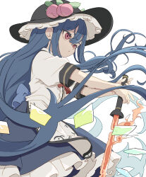 1girl absurdres apron back_bow black_hat blue_bow blue_hair blue_skirt bow bowtie center_frills collared_shirt commentary_request cowboy_shot frilled_hat frilled_skirt frills hair_between_eyes hat highres hinanawi_tenshi holding holding_sword holding_weapon kame_(kamepan44231) long_hair parted_lips peach_hat_ornament red_bow red_bowtie red_eyes shirt short_sleeves simple_background skirt solo sword sword_of_hisou touhou waist_apron weapon white_apron white_background white_shirt
