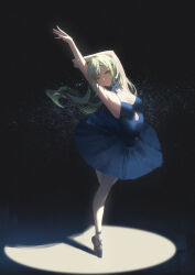 1girl :| absurdres airool arched_back arm_behind_head armpits arms_up ballerina ballet ballet_slippers bang_dream! bang_dream!_it&#039;s_mygo!!!!! bare_shoulders black_background blue_collar blue_dress blue_slippers breasts chinese_commentary cleavage closed_mouth clothing_cutout collar collarbone commentary_request dress en_pointe floating_hair full_body green_hair hand_on_own_elbow highres leg_up long_hair outstretched_arm pantyhose parted_bangs shadow sideways_glance sleeveless sleeveless_dress slippers solo spaghetti_strap spotlight standing standing_on_one_leg tutu wakaba_mutsumi white_pantyhose yellow_eyes