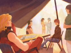 2girls 4boys absurdres amuro_ray black_hair blonde_hair blue_eyes blue_hair blue_jumpsuit blue_pants bright_noa brown_hair brown_jacket chair commentary crossed_arms cup denim dress drinking_glass earth_federation emma_sheen fa_yuiry gloves green_dress green_gloves gundam haro highres holding holding_cup jacket jeans jumpsuit kamille_bidan long_sleeves looking_at_another map military_uniform multiple_boys multiple_girls netube non-humanoid_robot pants pantyhose quattro_bajeena red_gloves red_jacket red_pants robot short_hair sitting sleeveless sleeveless_dress sleeveless_jacket standing sunglasses table yellow_dress zeta_gundam