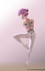 1girl absurdres arms_behind_back athletic_leotard ball_gag ballerina ballet ballet_slippers bare_shoulders bdsm blindfold blue_eyes bondage bound bound_arms bound_fingers bound_torso bound_wrists crotch_rope female_focus from_behind gag gag_harness gagged highres kamikawa_sumire_(himitsu) leotard looking_at_viewer medium_hair original pantyhose pointe purple_hair restrained shibari shibari_over_clothes skindentation solo standing standing_on_one_leg tiptoes variant_set wanliu white_pantyhose wiffle_gag