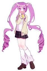 1girl aisha_landar blush bright_pupils brown_cardigan brown_shoes cardigan drill_hair elsword full_body highres kneehighs long_hair long_sleeves looking_at_viewer looking_back neckerchief open_mouth patzzi plaid_clothes plaid_skirt purple_eyes purple_hair school_uniform shirt shoes simple_background skirt socks solo standing twintails very_long_hair white_background white_pupils white_shirt white_socks yellow_neckerchief
