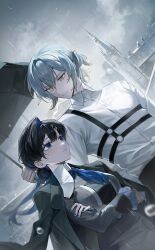 1boy 1girl absurdres black_coat black_dress black_hair black_umbrella blue_eyes blue_nails blue_neckerchief cheongdan_t clock clock_tower coat coat_on_shoulders collared_shirt crossed_arms dress dutch_angle grey_hair grey_jacket grey_sky hair_between_eyes hair_bun hair_ornament highres holding holding_umbrella jacket long_hair looking_at_another low_ponytail neckerchief original outdoors overcast ponytail rain shared_umbrella shirt short_hair single_side_bun sky tower umbrella upper_body white_shirt x_hair_ornament
