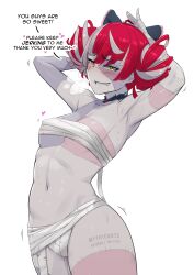 Rule 34 | 1girl, absurdres, armpits, blush, breasts, chest sarashi, colored skin, double bun, english text, grey skin, hair bun, hands on own head, heavy breathing, highres, hololive, hololive indonesia, kureiji ollie, looking at viewer, multicolored hair, multicolored skin, myth1carts, navel, patchwork skin, red hair, sarashi, small breasts, smile, solo, stitched face, stitches, sweat, virtual youtuber, white background, yellow eyes, zombie