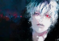Rule 34 | 1boy, black background, blue background, close-up, english text, gradient background, gradient hair, head only, heterochromia, highres, kaneki ken, lips, multicolored hair, original, partially shaded face, red eyes, sasaki haise, shadow, short hair, solo, teeth, tokyo ghoul, tokyo ghoul:re, two-tone hair, white hair, xa8uofivf2mcart