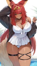 Rule 34 | 1girl, absurdres, animal ear fluff, animal ears, arm behind head, arm up, black choker, black jacket, blush, breasts, cat ears, cat girl, cat tail, choker, cleavage, closed eyes, commentary, commission, cowboy shot, dark-skinned female, dark skin, deyo (nicijyou), dress, english commentary, expressionless, gem, gold hairband, hair ornament, hairband, hand up, highres, indie virtual youtuber, jacket, large breasts, long hair, long sleeves, looking at viewer, microdress, nephernya (vtuber), open clothes, open jacket, pleated dress, puffy long sleeves, puffy sleeves, red gemstone, red hair, second-party source, skindentation, solo, standing, tail, thigh strap, very long hair, virtual youtuber, water drop, wet, white dress, yellow eyes