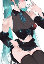 1girl absurdres aqua_hair aqua_nails aqua_necktie bare_shoulders black_skirt black_thighhighs blush breasts cellphone clothes_lift commentary detached_sleeves english_commentary eyes_out_of_frame hatsune_miku head_out_of_frame highres holding holding_phone lifting_own_clothes long_hair miychi nail_polish necktie no_panties on_stool phone photo-referenced selfie simple_background sitting skirt skirt_lift smartphone solo thighhighs twintails very_long_hair vocaloid white_background