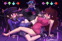 2021 2girls black_hair black_shorts blush boyfriend_(friday_night_funkin&#039;) breasts brown_hair cameltoe cassette_girl dress friday_night_funkin&#039; gameplay_mechanics girlfriend_(friday_night_funkin&#039;) hood hoodie large_breasts lumineko lying medium_breasts minidress mob_face multiple_girls panties pink_panties purple_hoodie red_dress shorts tagme tribadism tribadism_through_clothes underwear yuri