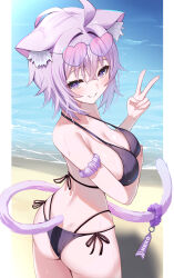 1girl absurdres ahoge animal_collar animal_ears arm_under_breasts beach bikini black_collar border cat_ears cat_girl cat_tail collar crossed_bangs day double-parted_bangs eyewear_on_head grin hair_between_eyes heart heart-shaped_eyewear highleg highleg_bikini highres hololive looking_at_viewer looking_back messy_hair multi-strapped_bikini_bottom nekomata_okayu outdoors purple_bikini purple_eyes purple_hair short_hair side-tie_bikini_bottom smile solo swimsuit tail togemaru34 v virtual_youtuber wet white_border