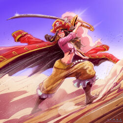 Rule 34 | 1girl, abs, genderswap, genderswap (mtf), gol d. roger, highres, one piece, smile, solo, sword, weapon