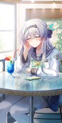 1girl absurdres arm_on_table black_hairband black_sailor_collar blue_pupils blush bow bowtie cellphone chair checkered_bow checkered_bowtie checkered_clothes cherry closed_mouth commentary_request cup drinking_straw elbow_on_table firefly_(honkai:_star_rail) firefly_(spring_missive)_(honkai:_star_rail) food fruit gradient_eyes gradient_hair green_bow green_bowtie green_pupils grey_hair grey_skirt hair_between_eyes hairband highres honkai:_star_rail honkai_(series) indoors long_hair looking_at_viewer memeiradesuyo multicolored_eyes multicolored_hair on_chair phone plaid_bow plaid_clothes plaid_skirt round_table sailor_collar school_uniform serafuku shirt sitting skirt smartphone smile solo table thighhighs thighs two-tone_eyes white_shirt white_thighhighs
