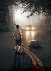 1boy 1other axe backlighting blood blood_on_clothes blood_on_ground blood_stain box car cardboard_box from_behind full_body highres holding holding_axe horror_(theme) kobone_awaki light_brown_hair male_focus motor_vehicle nature original outdoors road shirt shoes short_hair shorts sneakers solo_focus standing t-shirt tree