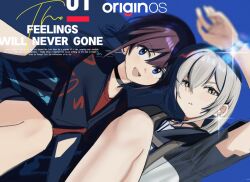 2girls black_choker black_haori breasts brown_hair choker commentary earrings fang girls_band_cry glint grey_eyes grey_hair haidao_mao hair_between_eyes haori iseri_nina japanese_clothes jewelry kawaragi_momoka kuuhaku_to_catharsis long_hair looking_at_viewer low_twintails multiple_girls open_mouth parted_lips red_shirt shirt short_hair short_twintails teeth twintails upper_teeth_only