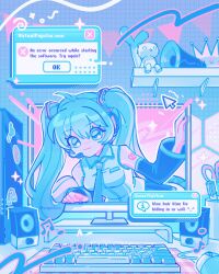 ahoge aqua_hair aqua_necktie aqua_theme artist_name black_skirt black_sleeves blue_eyes blue_nails collared_shirt commentary computer computer_keyboard computer_mouse computer_tower crown cryotters cursor detached_sleeves dialogue_box dot_nose emphasis_lines english_commentary english_text hatsune_miku highres light_smile long_hair megaphone monitor musical_note nail_polish necktie number_tattoo pastel_colors pen pen_holder scissors shelf shirt skirt sleeveless sleeveless_shirt speaker spring_onion sticker stuffed_animal stuffed_cat stuffed_toy tattoo through_medium through_screen twintails vocaloid
