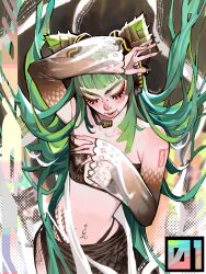 1girl absurdres alternate_costume arm_tattoo arms_up bamboo_shoot bandeau black_bandeau black_nails blush breasts bridge_piercing cleavage_cutout clothing_cutout detached_sleeves double_bun face_piercing fingernails floating_hair green_hair hair_bun hatsune_miku headset highres lip_piercing long_fingernails long_hair midriff namnums navel navel_piercing open_hand piercing pink_lips small_breasts solo tattoo v-shaped_eyebrows very_long_hair vocaloid