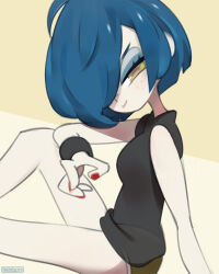 1girl bare_arms bare_legs bare_shoulders black_tank_top blue_hair cartoon_network ed_edd_n_eddy fingernails highres marie_kanker one_eye_covered onionsketch shorts simple_background solo tank_top toon_(style) wristband yellow_eyes