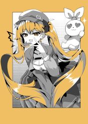 1girl :d bao_bao_(dokibird) breasts cleavage cowboy_shot dokibird_(vtuber) dokibird_(vtuber)_(retro_doki) fang gamer_supps hat indie_virtual_youtuber jacket leaning_forward long_hair long_sleeves looking_at_viewer open_clothes open_jacket open_mouth skin_fang skirt small_breasts smile solo trap_(drthumt) twintails v very_long_hair virtual_youtuber yellow_background yellow_eyes