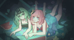 2girls absurdres alternate_costume bare_shoulders black_tiara blue_eyes breasts chinese_commentary closed_mouth clothing_request collarbone commentary_request dated elysia_(honkai_impact) food fruit green_eyes green_hair hair_ornament hertz highres honkai_(series) honkai_impact_3rd large_breasts lying mobius_(honkai_impact) multiple_girls on_stomach pink_hair pink_pupils pointy_ears sidelocks smile the_pose tiara watermelon