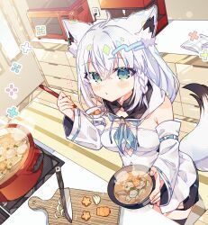 1girl animal_ears aqua_eyes blue_neckerchief bowl carrot cooking_pot cutting_board detached_sleeves fox_ears fox_girl fox_tail highres holding holding_bowl holding_ladle hololive hood hoodie kitchen knife ladle looking_at_viewer medium_hair microwave neckerchief notamaru_2 onion shirakami_fubuki shirakami_fubuki_(1st_costume) solo tail virtual_youtuber white_hair white_hoodie white_sleeves