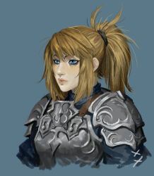 1girl alpyro armor artist_name blonde_hair blue_background blue_eyes blue_tunic breastplate commentary cropped_torso english_commentary eyelashes hair_between_eyes highres long_hair looking_ahead nose original pauldrons pink_lips ponytail shoulder_armor sidelocks simple_background solo tunic watermark