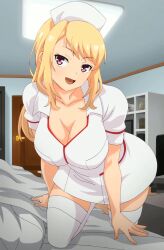 1girl absurdres anime_screenshot blonde_hair breasts disguised dressed_as_a_nurse full_body gyaru hetero highres imouto_wa_gal_kawaii large_breasts long_hair looking_at_viewer mizusawa_rine mizusawa_rino nurse on_bed open_mouth pantyhose purple_eyes room stitched thighhighs third-party_edit white_bed white_thighhighs